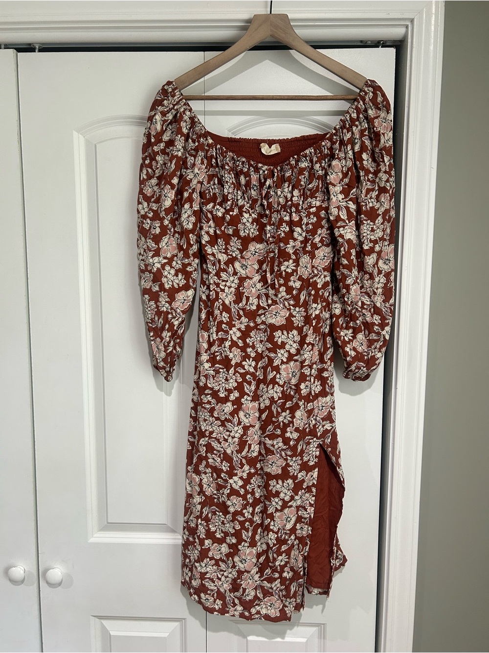 Altar'd State Rust Floral Off-the-Shoulder Midi Dress with Puff Sleeves